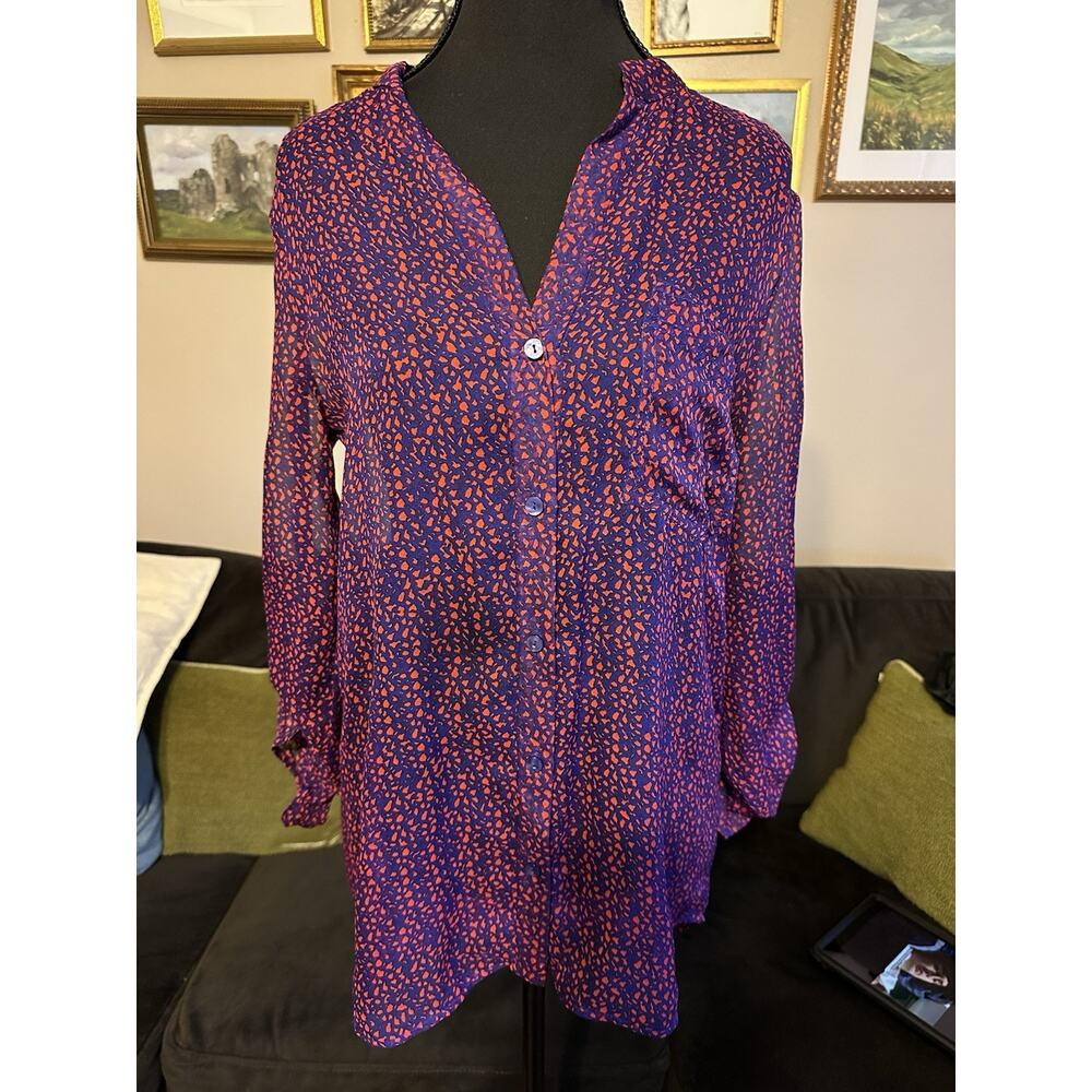 DIANE VON FURSTENBERG DVF Red & Blue Sheer Silk Long Sleeve Button-Up Blouse 4